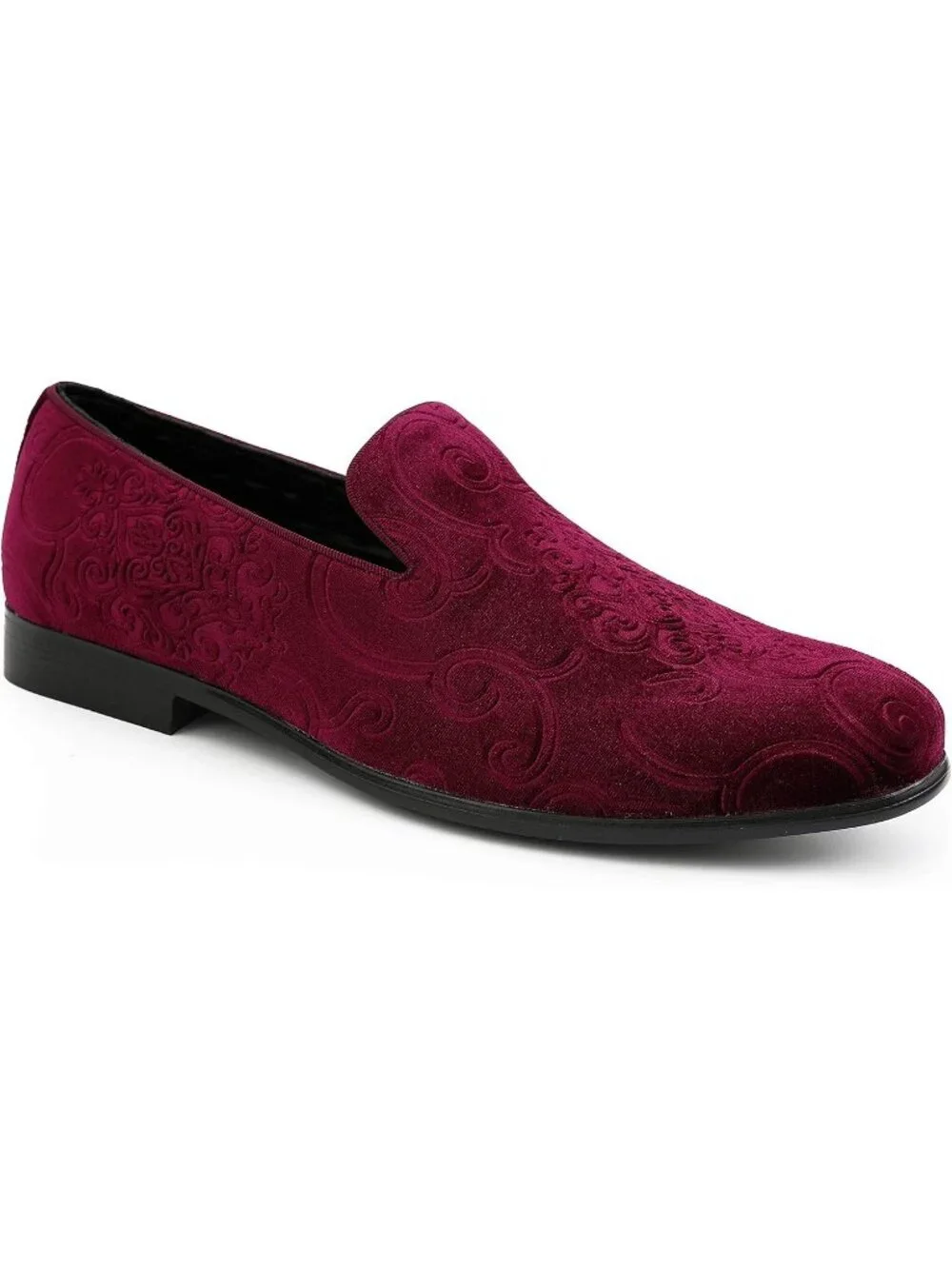Amali Men's Burgundy Paisley Embossed Velvet Loafers Trim Slip On Tuxedo Shoes